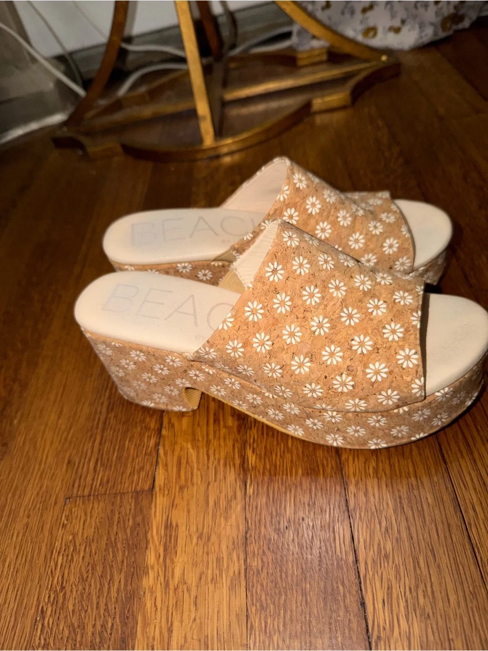 Tan Floral Platform Slide Sandals
